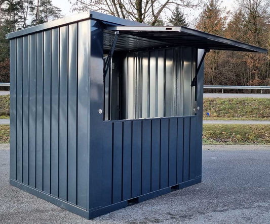 2m XXL Kiosk Container RAL 7016 Anthrazit mit großer Verkaufsklappe & Doppeltür